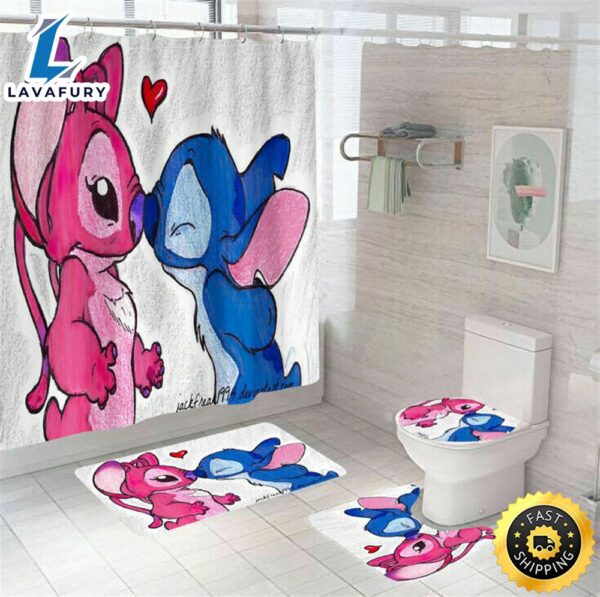 Lilo Stitch Cartoon Waterproof Shower Curtain Toilet Cover Mat Lid