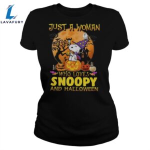 Just A Woman Who Loves Snoopy And Halloween Unisex Shirt
