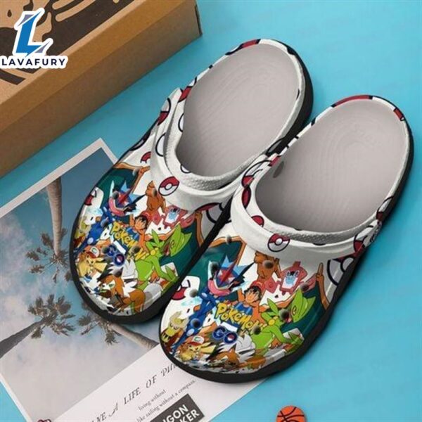Pokemon Cartoon Characters Pattern Crocs Classic Clogs Shoes In White & Red