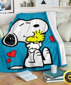 Snoopy Hug Woodstock Fleece Blanket, Premium Comfy Sofa Throw Blanket Gift