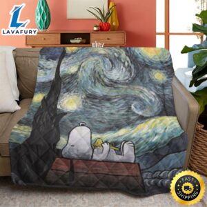 Snoopy Quiltblanket Gift For Fan, Snoopy Peanuts Woodstock Starry Night Quiltblanket