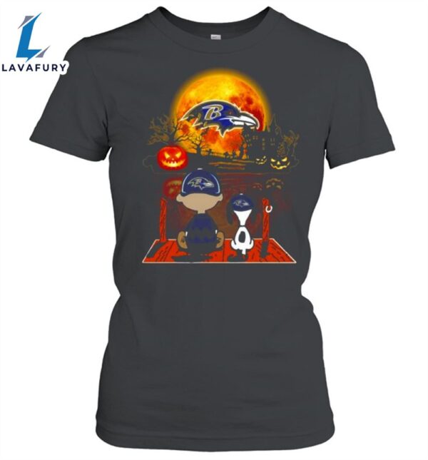 Snoopy And Charlie Brown Pumpkin Baltimore Ravens Halloween Moon Unisex Shirt
