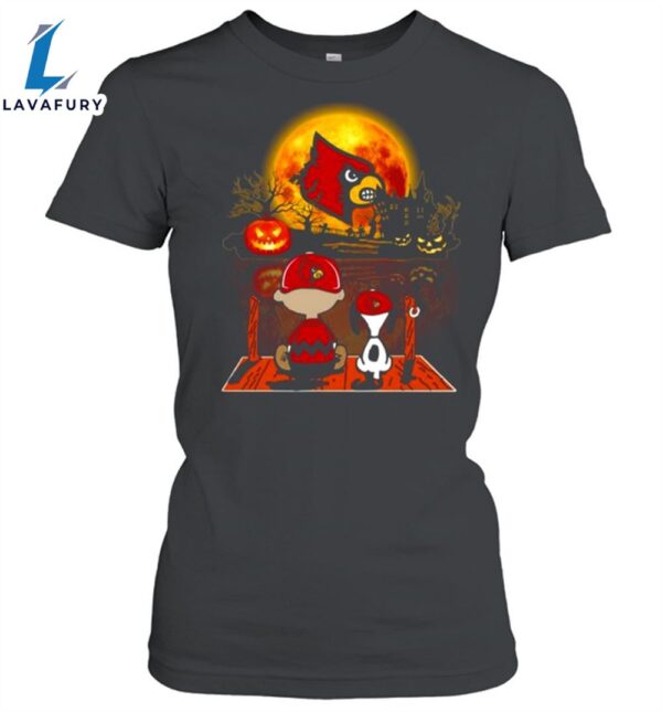 Snoopy And Charlie Brown Pumpkin Louisville Cardinals Halloween Moon Unisex Shirt