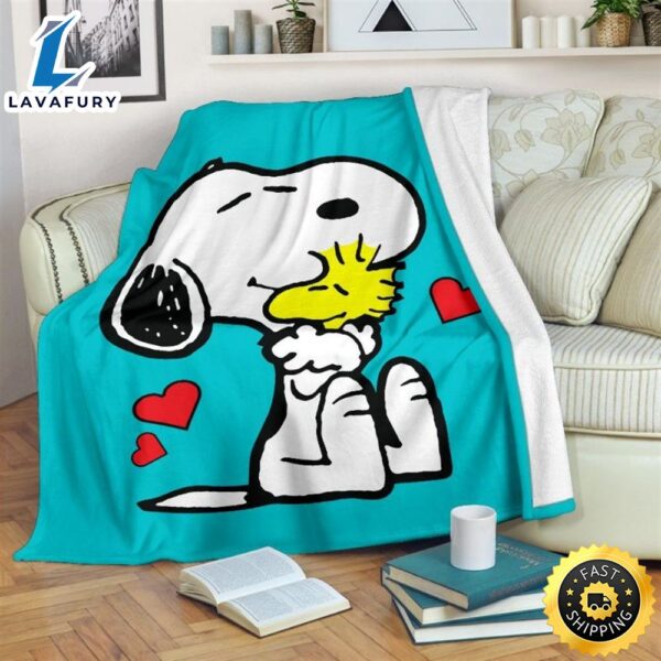Turquoise Snoopy Hug Woodstock Fleece Blanket Throw Blanket