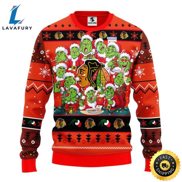 Chicago Blackhawks 12 Grinch Xmas Day Christmas Ugly Sweater