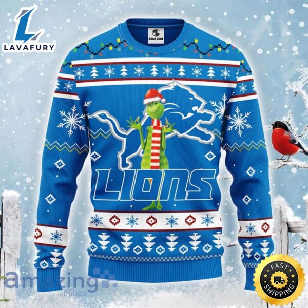 Christmas Gift NFL Detroit Lions Logo With Funny Grinch Ugly Christmas Sweater For Fans