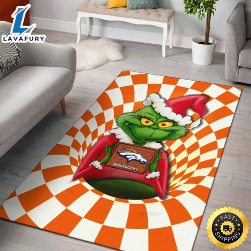 Grinch Wearing Santa Clothes Holding Denver Broncos Rugs