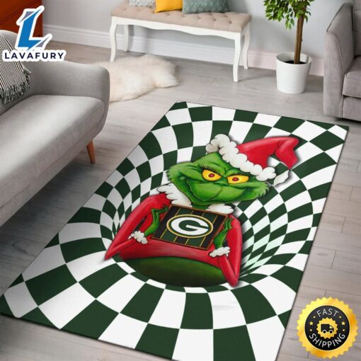 Grinch Wearing Santa Clothes Holding Green Bay Parker Rugs