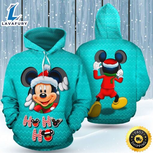 Mickey Peeking Santa Blue 3D Printed Hoodie