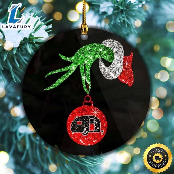 Camping Car Grinch Hand Holding Ornament Christmas