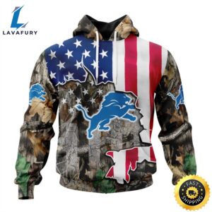 Customized NFL Detroit Lions USA Flag Camo Realtree Hunting Vetaran 3D Shirt Unisex