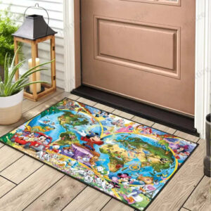 Disney Characters And The World Map Doormat
