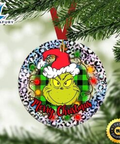Grinch Face Buffalo Plaid Lights Christmas Grinch Tree Ornament