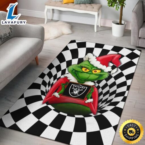 Grinch Wearing Santa Clothes Holding Raiders Grinch Area Rug