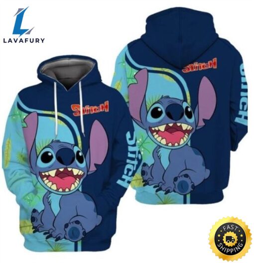 Happy Stitch Blue Over Print 3d Zip Hoodie