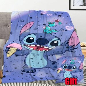Lilo & Stitch Blanket With Pillowcases For Office, Bed, Sofa Comfortable and Warm Cartoon Plush Blanket Stitch Gifts
