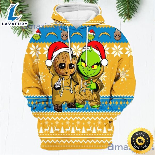 Los Angeles Chargers Baby Groot And Grinch Best Friends New Trends Christmas Gift 3d Hoodie For Men And Women