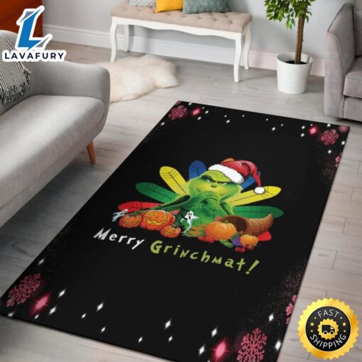 Merry Grinchmat Pumpkin Vegetables Pink Snowflake Grinch Rug