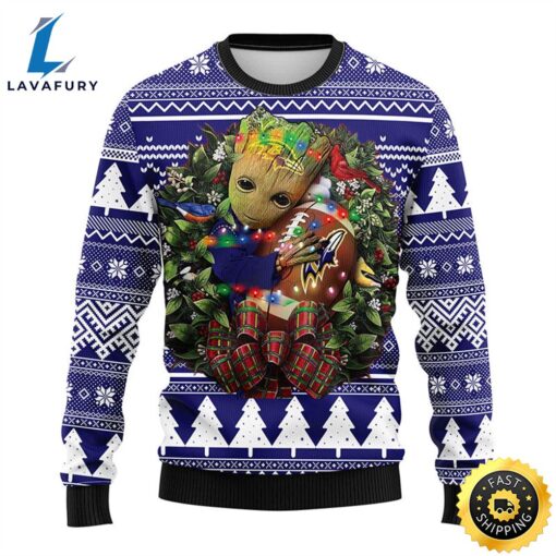 NFL Baltimore Ravens Groot Hug Christmas Ugly Sweater