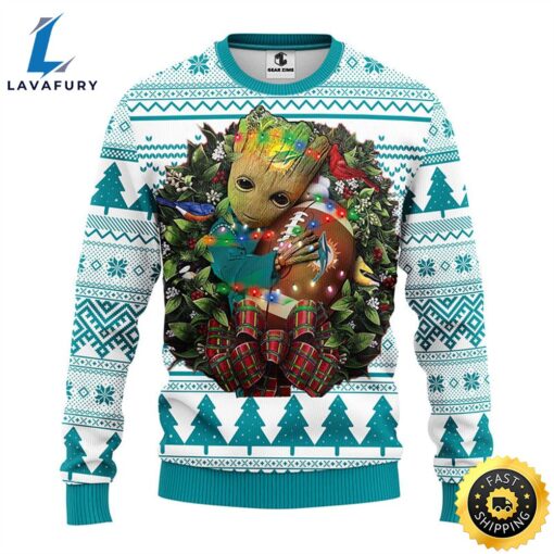 NFL Miami Dolphins Groot Hug Christmas Ugly Sweater