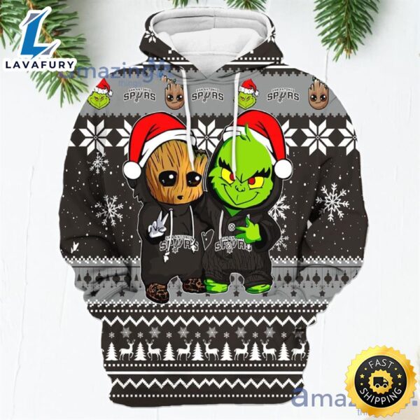 San Antonio Spurs Baby Groot And Grinch Best Friends New Trends Christmas Gift 3d Hoodie For Men And Women