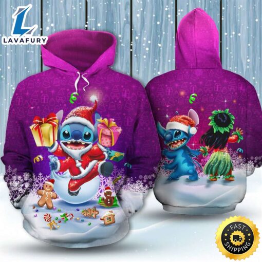 Stitch Lilo Santa Clause Purple 3d Printed Hoodie