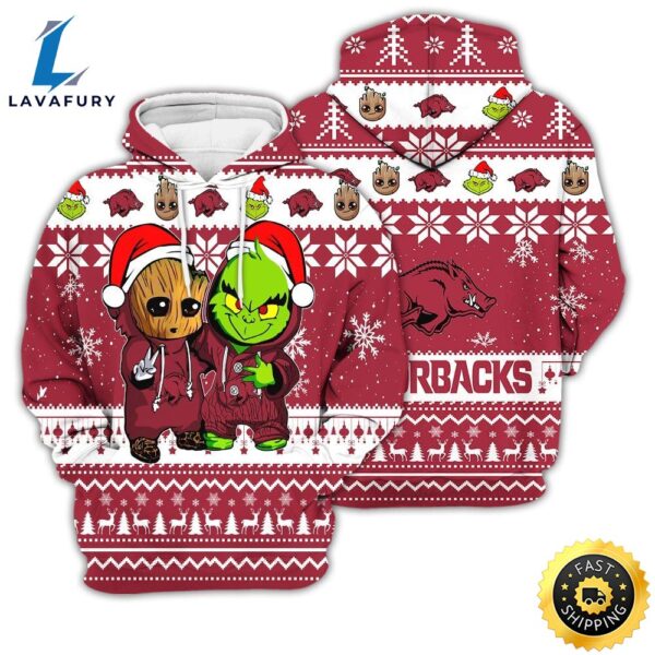 Arkansas Razorbacks Baby Groot And Grinch Best Friends Football American Ugly Christmas Sweater New Trends For Fans Club Gifts Unisex 3d Hoodie