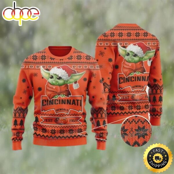 Baby Yoda Cincinnati Football Est 1968 Ugly Christmas Sweater Bengals Gifts