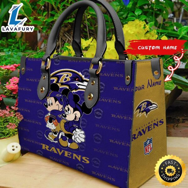Baltimore Ravens Mickey And Minnie Women Leather Hand Bag
