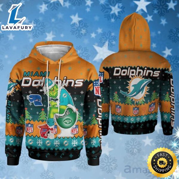 Christmas Miami Dolphins Grinch In Toilet Christmas 3d Pullover Hoodie