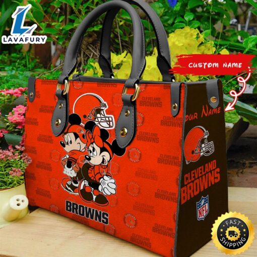 Cleveland Browns Mickey And Minnie Women Leather Hand Bag