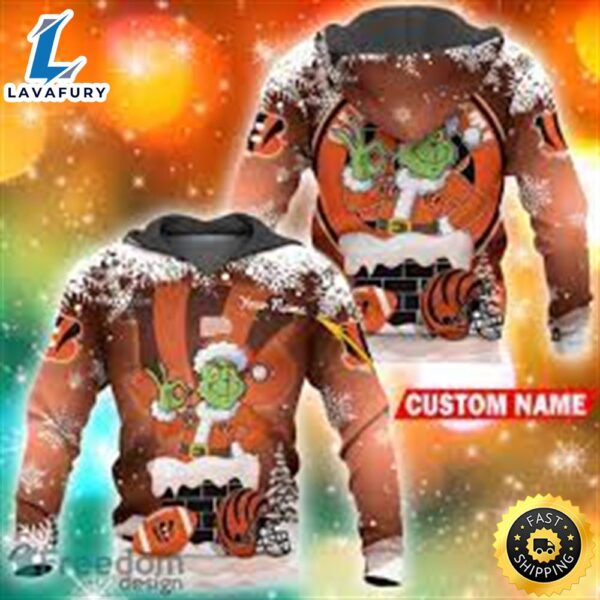 Custom Cincinnati Bengals Nfl Christmas Grinch In Chimney 3d Hoodie Pullover Prints Custom Name