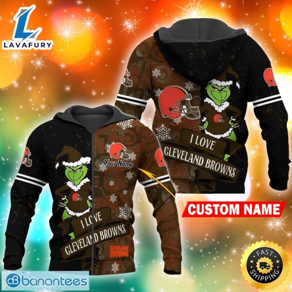 Custom I Love Cleveland Browns Nfl Grinch 3d Hoodie And Long Pants Set Gift Christmas Personalized