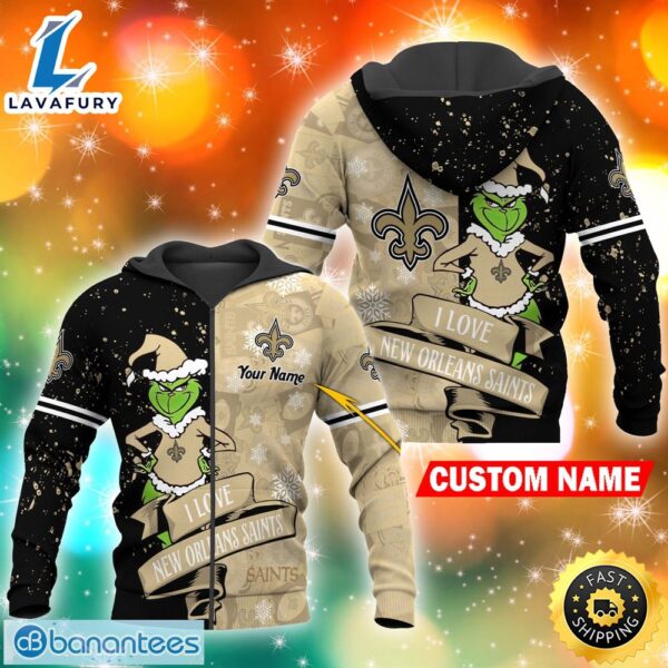Custom I Love New Orleans Saints Nfl Grinch 3d Hoodie And Long Pants Set Gift Christmas Personalized