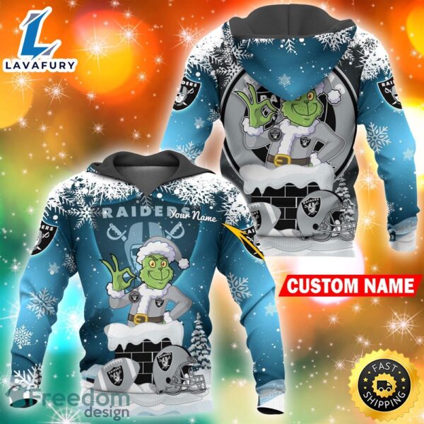 Custom Las Vegas Raiders Nfl Christmas Grinch In Chimney 3d Hoodie Pullover Prints Custom Name