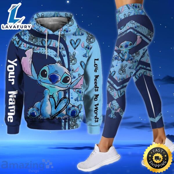 Custom Name Stitch Love Needs No Words Blue All Over Print 3d Hoodie And Leggings