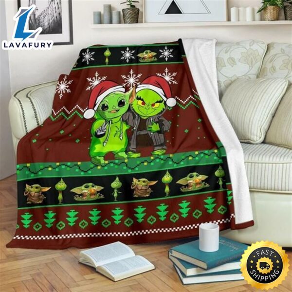 Grinch And Baby Yoda Christmas Fleece Blanket Gift For Fan, Premium Comfy Sofa Throw Blanket Gift