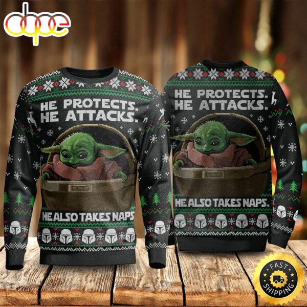 He Protects He Also Take Naps Yoda Ugly Christmas Sweater JumperUgly Sweater PartyUgly Sweater Ideas