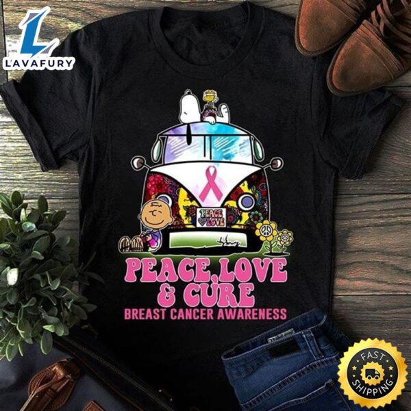 Hippie Bus Snoopy And Charlie Brown Peace Love And Cure Breast Cancer Awareness Black T Shirt
