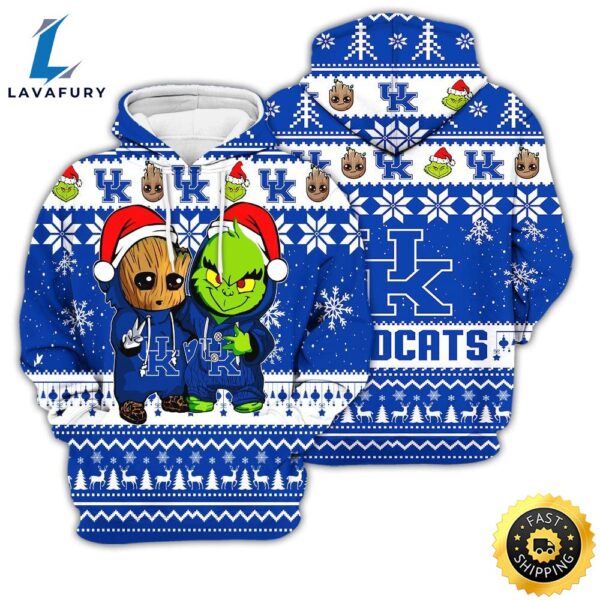 Kentucky Wildcats Baby Groot And Grinch Best Friends Football American Ugly Christmas Sweater New Trends For Fans Club Gifts Unisex 3d Hoodie
