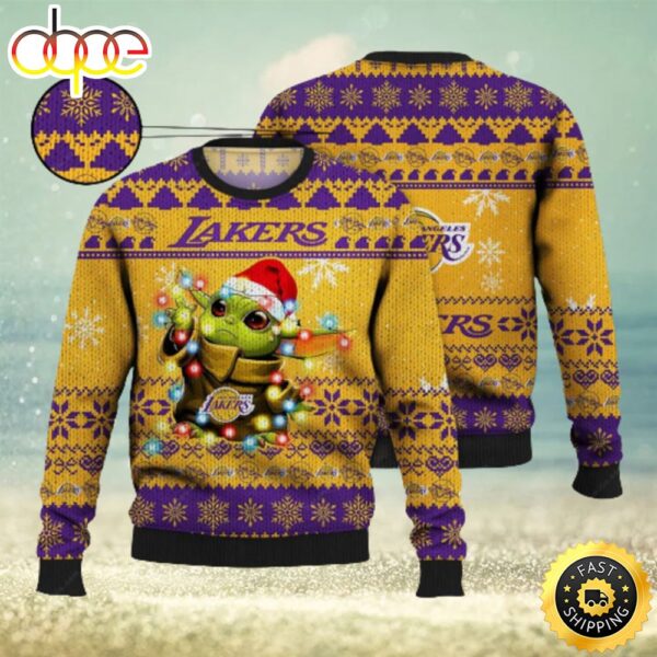 Lakers Ugly Sweater Baby Yoda Star Wars 3D Ugly Christmas Sweater Presents Christmas For Men And Women