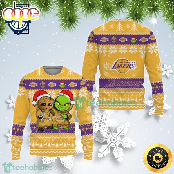 Los Angeles Lakers Baby Groot And Grinch Best Friends Ugly Christmas Sweater