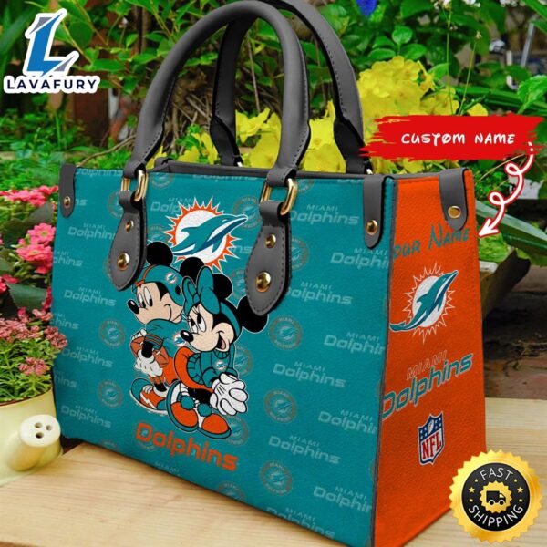 Miami Dolphins Mickey And Minnie Women Leather Hand Bag