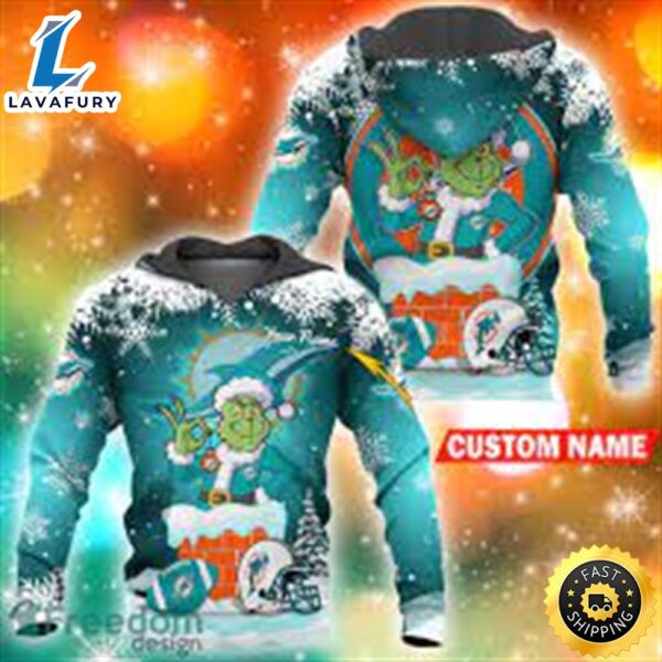 Miami Dolphins Nfl Christmas Grinch In Chimney 3d Hoodie Pullover Prints Custom Name