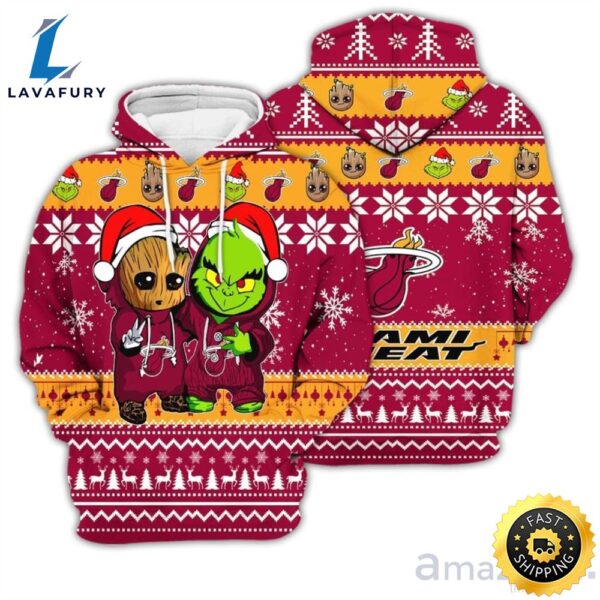 Miami Heat Baby Groot And Grinch Best Friends 3d Hoodie Christmas Sweater
