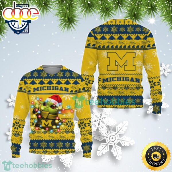 Michigan Wolverines Baby Yoda Christmas Light Ugly Christmas Sweater