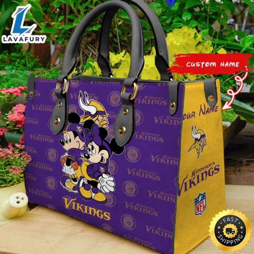 Minnesota Vikings Mickey And Minnie Women Leather Hand Bag