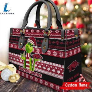 NCAA Arkansas Razorbacks Grinch Christmas Women Leather Hand Bag