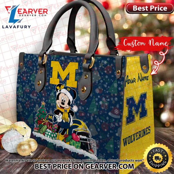 NCAA Michigan Wolverines Mickey Christmas Women Leather Hand Bag