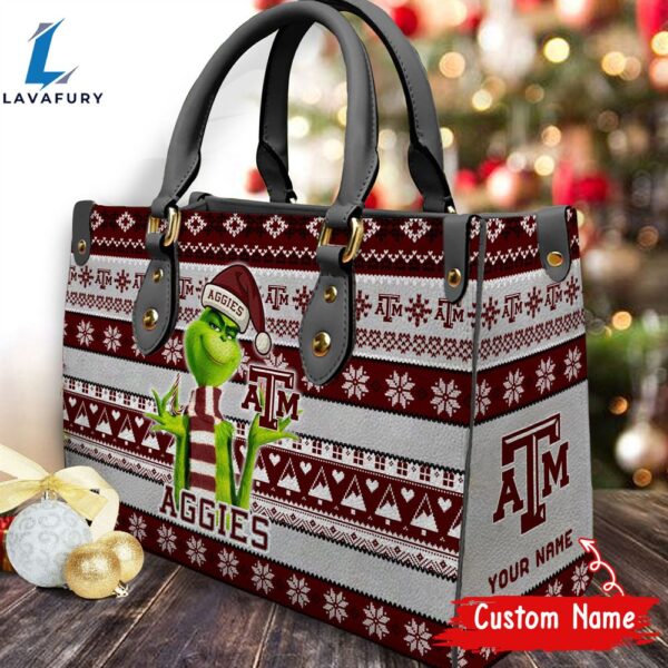 NCAA Texas A_M Aggies Grinch Christmas Women Leather Hand Bag